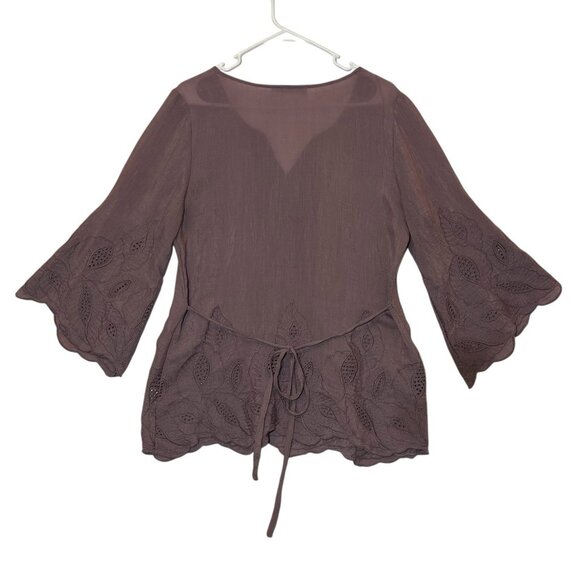 Solitaire Women Top Tunic Embroidery Boho Blouse Medium Purple Tie Flare Sleeve - Picture 2 of 11